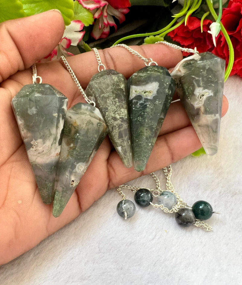 Moss Agate  Faceted Cone Pendulum Gemstone Dowsing Pendulum Chain Attached Reiki Crystal Healing