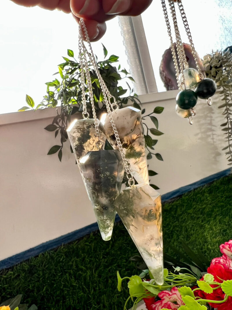 Moss Agate  Faceted Cone Pendulum Gemstone Dowsing Pendulum Chain Attached Reiki Crystal Healing - Image 4