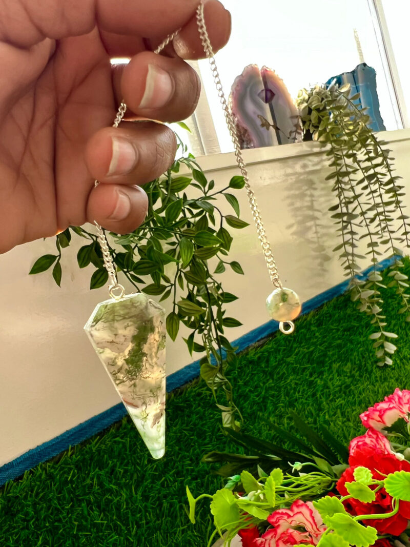 Moss Agate  Faceted Cone Pendulum Gemstone Dowsing Pendulum Chain Attached Reiki Crystal Healing - Image 5