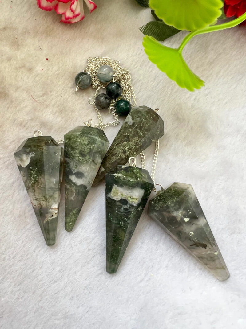 Moss Agate  Faceted Cone Pendulum Gemstone Dowsing Pendulum Chain Attached Reiki Crystal Healing - Image 6