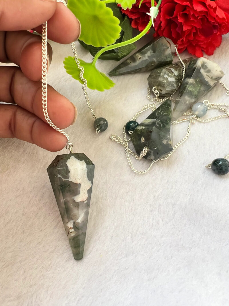Moss Agate  Faceted Cone Pendulum Gemstone Dowsing Pendulum Chain Attached Reiki Crystal Healing - Image 7