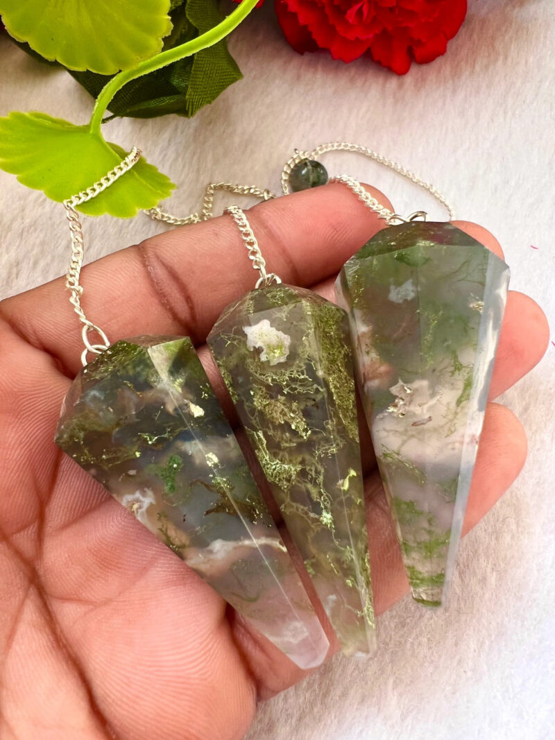 Moss Agate  Faceted Cone Pendulum Gemstone Dowsing Pendulum Chain Attached Reiki Crystal Healing - Image 8