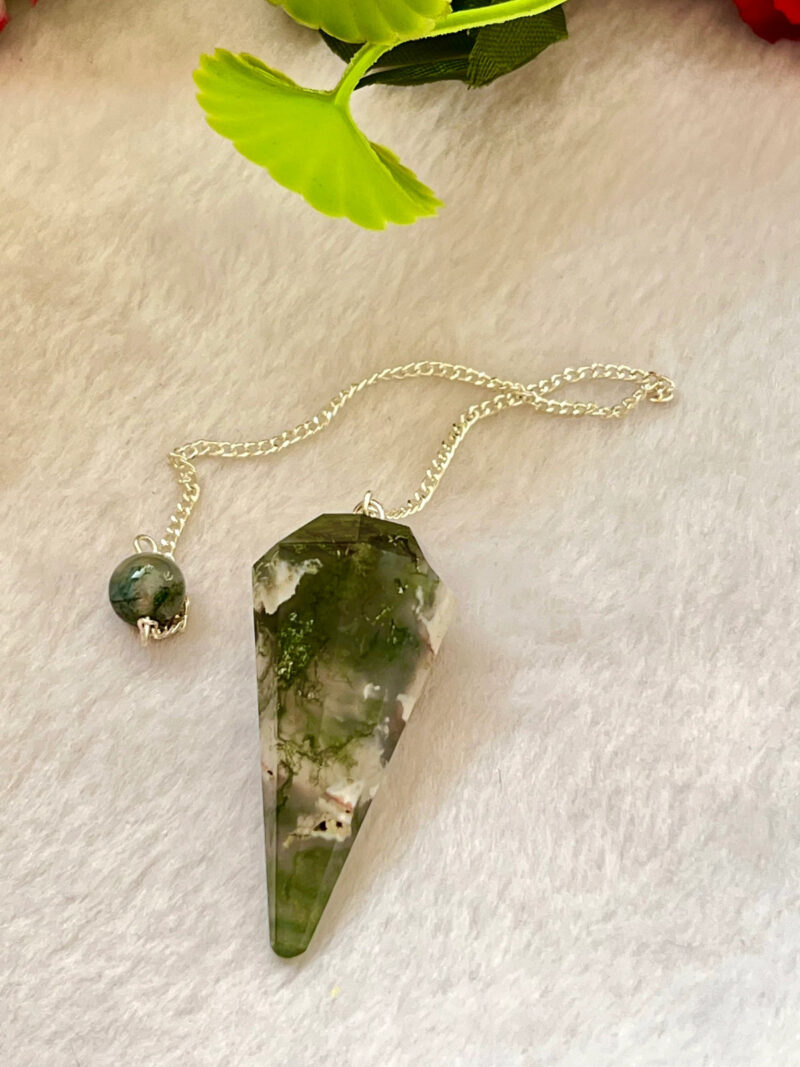 Moss Agate  Faceted Cone Pendulum Gemstone Dowsing Pendulum Chain Attached Reiki Crystal Healing - Image 9