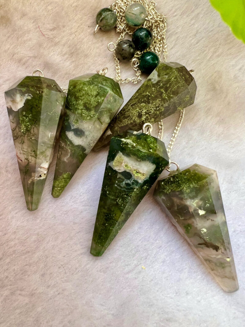 Moss Agate  Faceted Cone Pendulum Gemstone Dowsing Pendulum Chain Attached Reiki Crystal Healing - Image 10