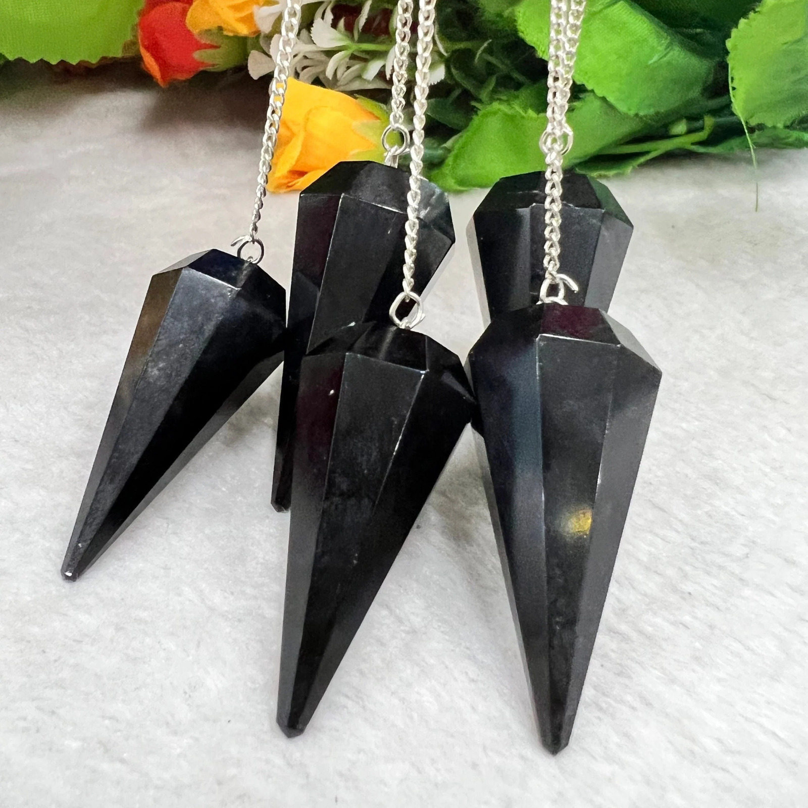 Black Tourmaline Stone Faceted Cone Pendulum Gemstone Dowsing Pendulum Chain Attached Reiki Crystal Healing