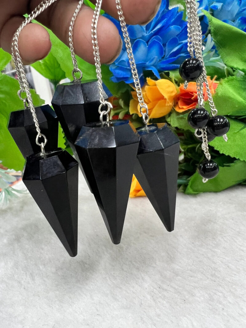 Black Tourmaline Stone Faceted Cone Pendulum Gemstone Dowsing Pendulum Chain Attached Reiki Crystal Healing - Image 3
