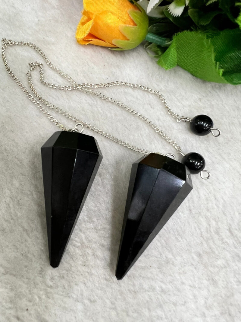 Black Tourmaline Stone Faceted Cone Pendulum Gemstone Dowsing Pendulum Chain Attached Reiki Crystal Healing - Image 4