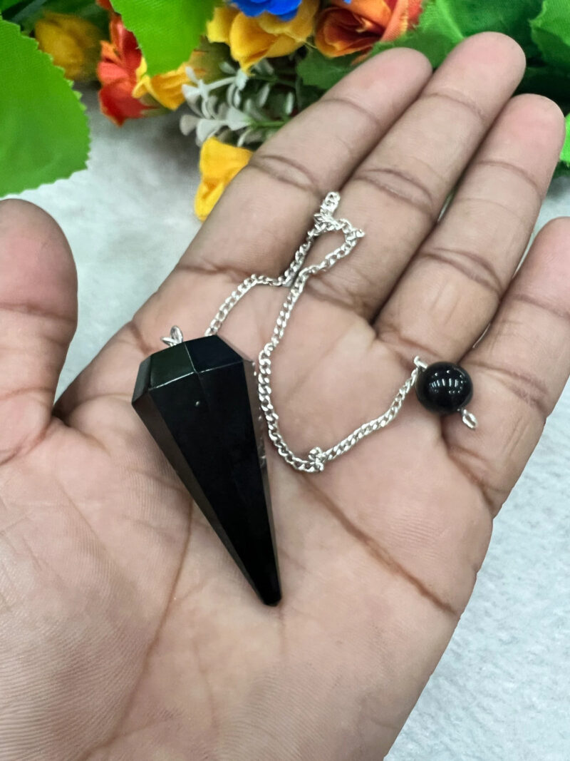 Black Tourmaline Stone Faceted Cone Pendulum Gemstone Dowsing Pendulum Chain Attached Reiki Crystal Healing - Image 5