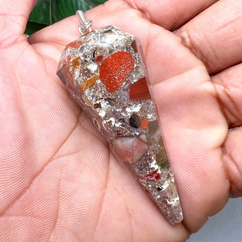 Conglomerate Jasper Stone Faceted Cone Pendulum Gemstone Dowsing Pendulum Chain Attached Reiki Crystal Healing