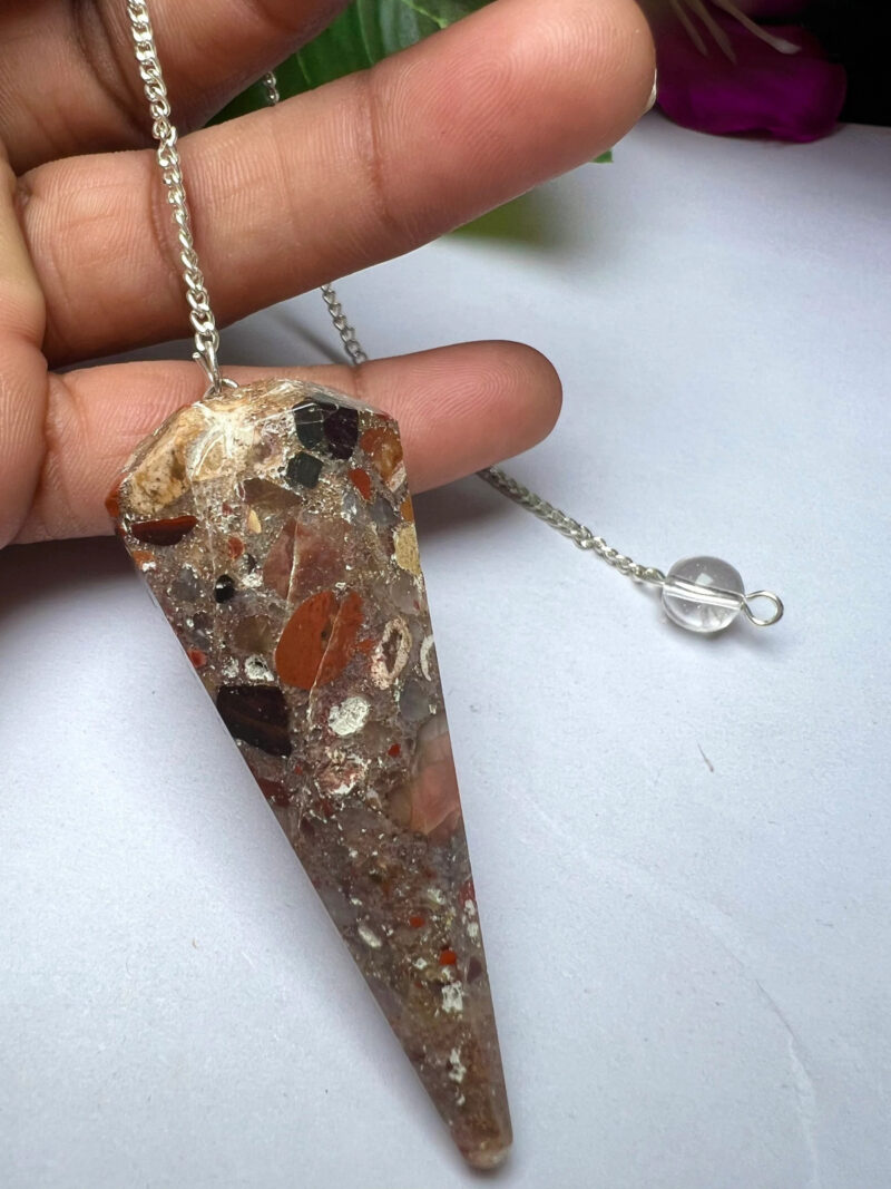 Conglomerate Jasper Stone Faceted Cone Pendulum Gemstone Dowsing Pendulum Chain Attached Reiki Crystal Healing - Image 5