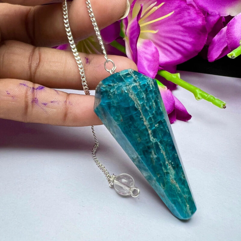 Blue Apatite Faceted Cone Pendulum Gemstone Dowsing Pendulum Chain Attached Reiki Crystal Healing