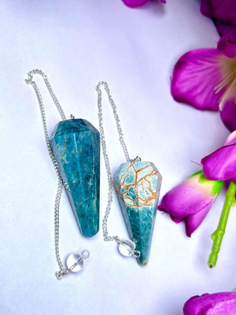 Blue Apatite Faceted Cone Pendulum Gemstone Dowsing Pendulum Chain Attached Reiki Crystal Healing - Image 3