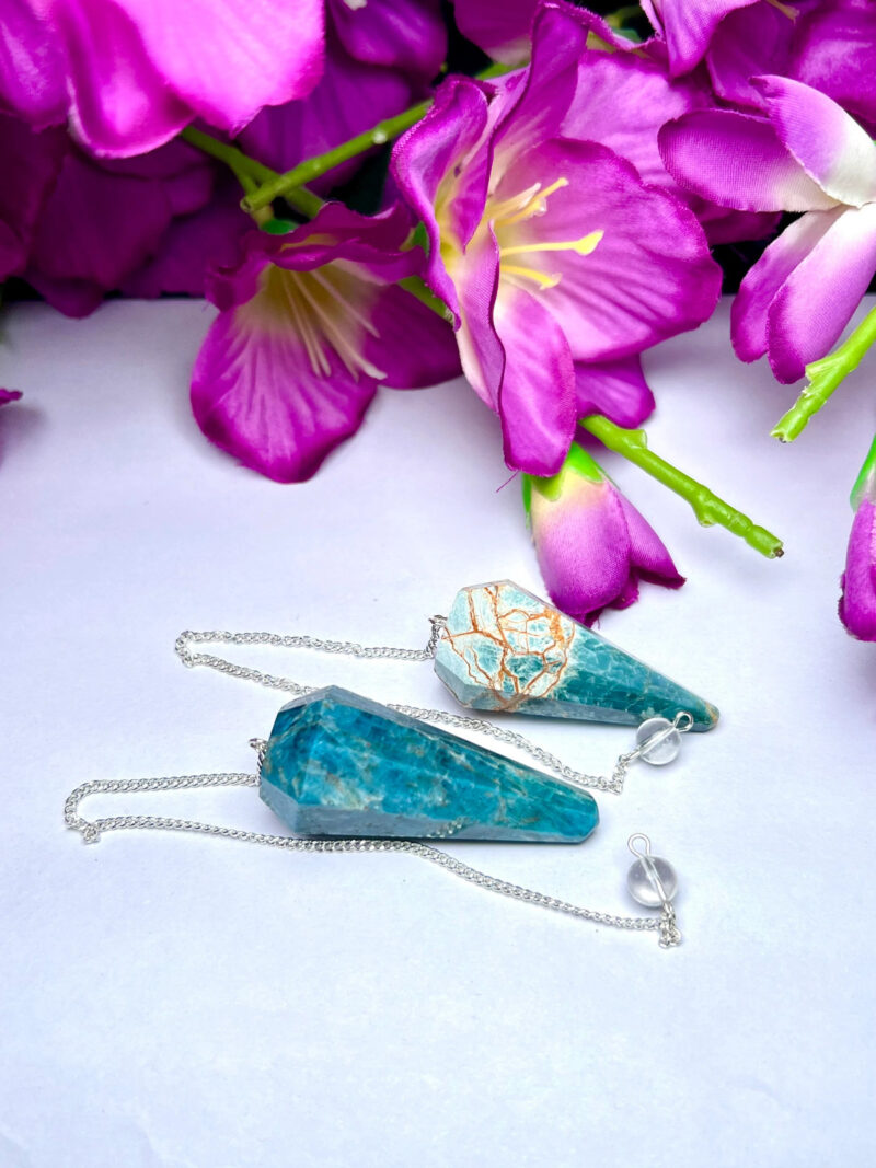 Blue Apatite Faceted Cone Pendulum Gemstone Dowsing Pendulum Chain Attached Reiki Crystal Healing - Image 4