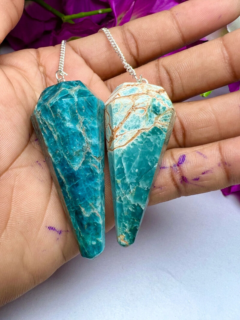 Blue Apatite Faceted Cone Pendulum Gemstone Dowsing Pendulum Chain Attached Reiki Crystal Healing - Image 5