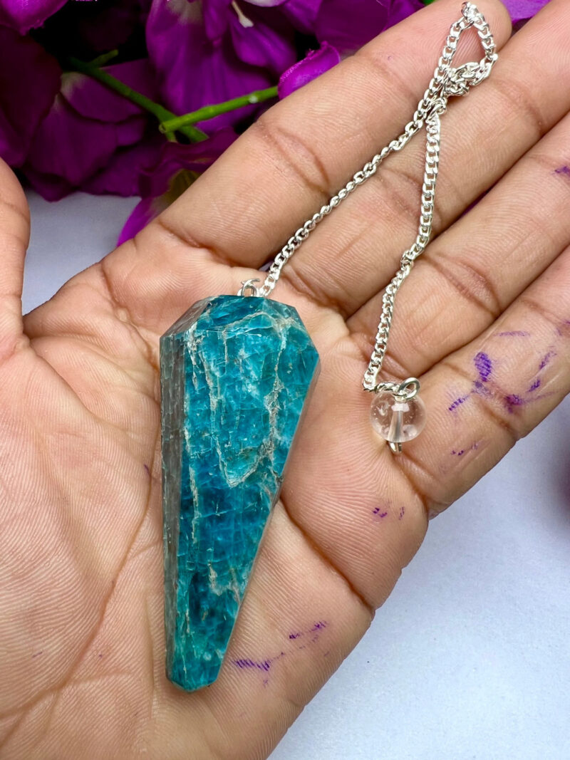 Blue Apatite Faceted Cone Pendulum Gemstone Dowsing Pendulum Chain Attached Reiki Crystal Healing - Image 6