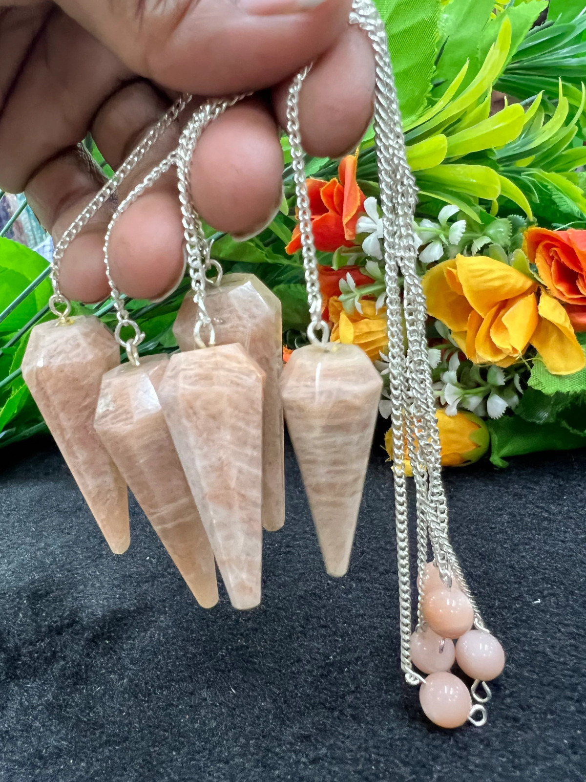 Moonstone Stone Faceted Cone Pendulum Gemstone Dowsing Pendulum Chain Attached Reiki Crystal Healing