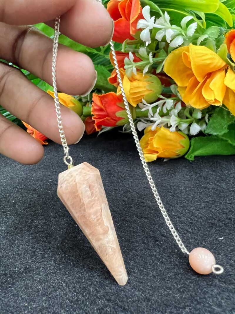 Moonstone Stone Faceted Cone Pendulum Gemstone Dowsing Pendulum Chain Attached Reiki Crystal Healing - Image 3