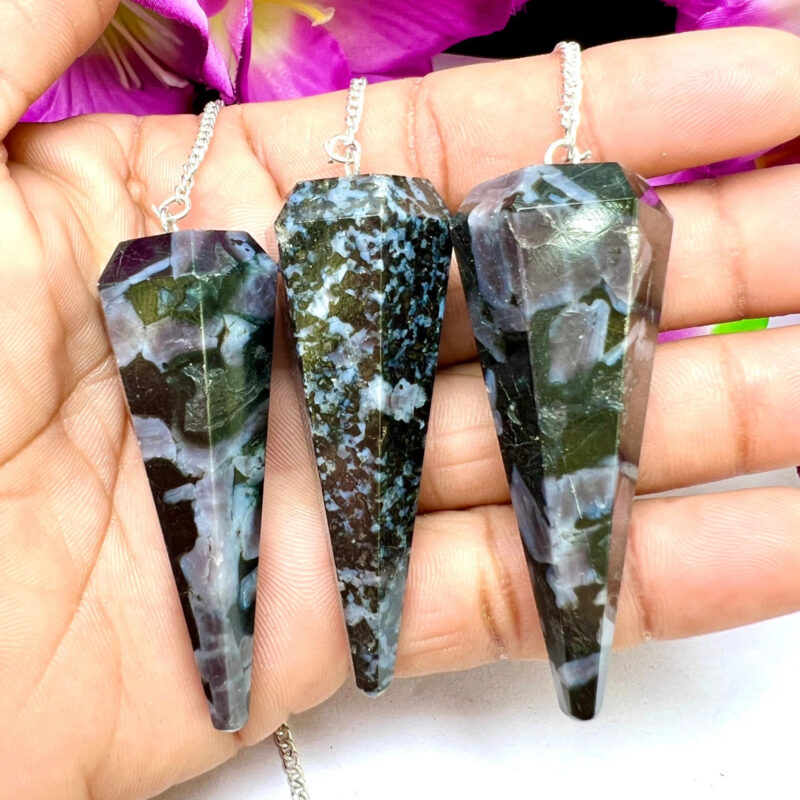 Mystic Merlinite Stone INDIGO GABBRO Stone Faceted Cone Pendulum Gemstone Dowsing Pendulum Chain Attached Reiki Crystal Healing
