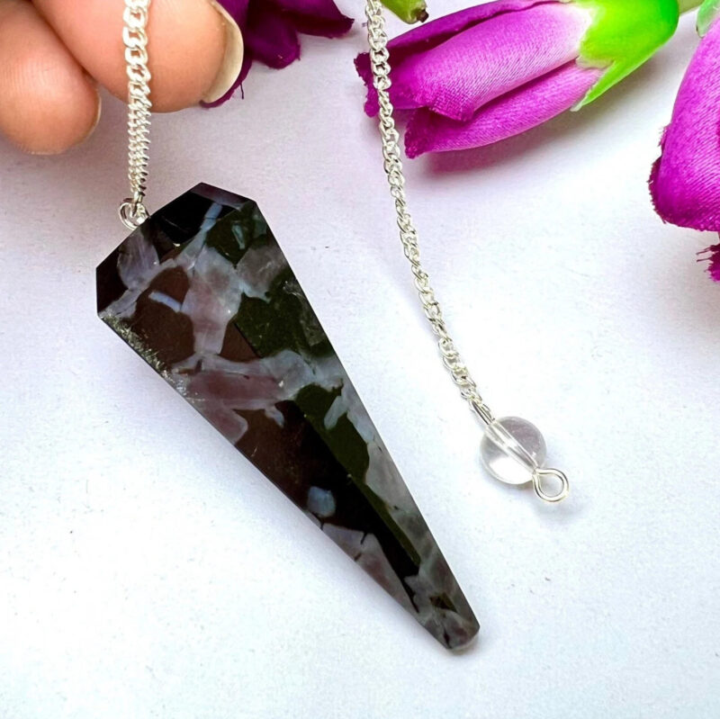 Mystic Merlinite Stone INDIGO GABBRO Stone Faceted Cone Pendulum Gemstone Dowsing Pendulum Chain Attached Reiki Crystal Healing - Image 3