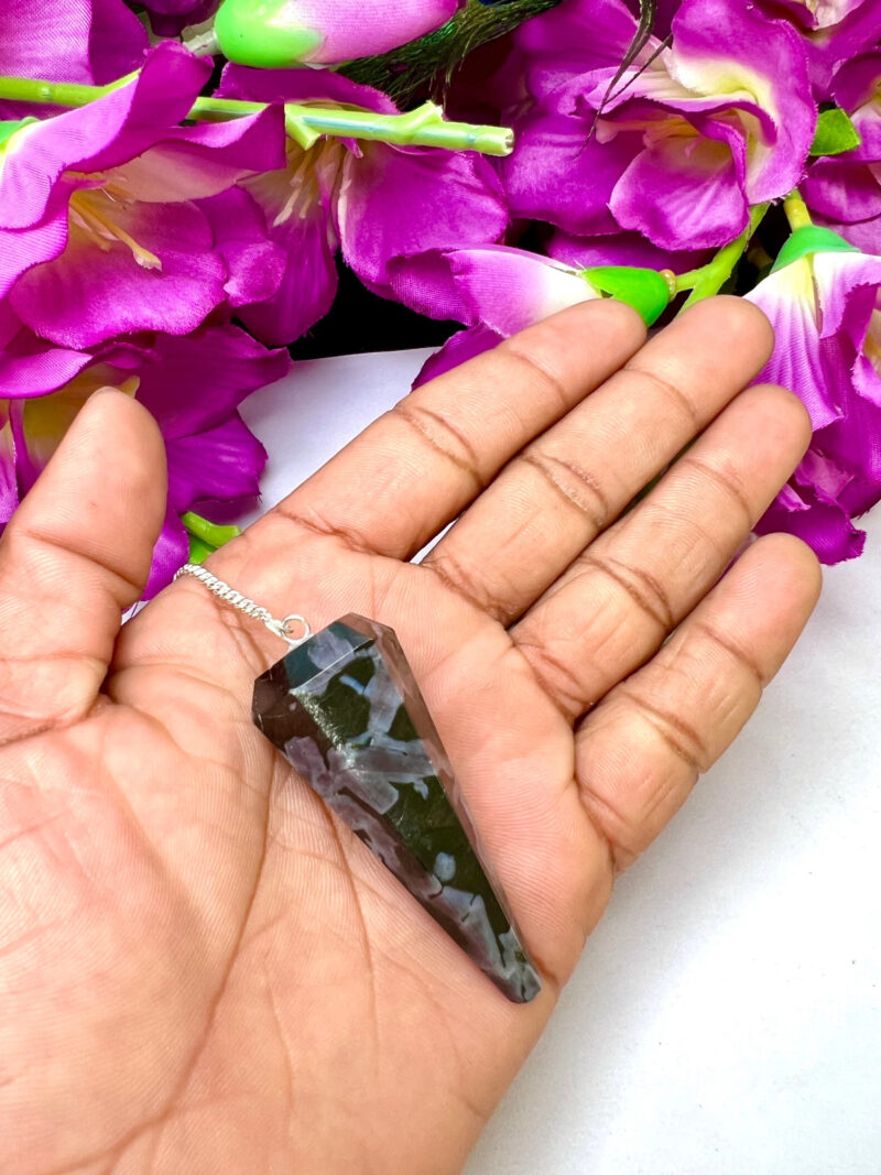 Mystic Merlinite Stone INDIGO GABBRO Stone Faceted Cone Pendulum Gemstone Dowsing Pendulum Chain Attached Reiki Crystal Healing - Image 4