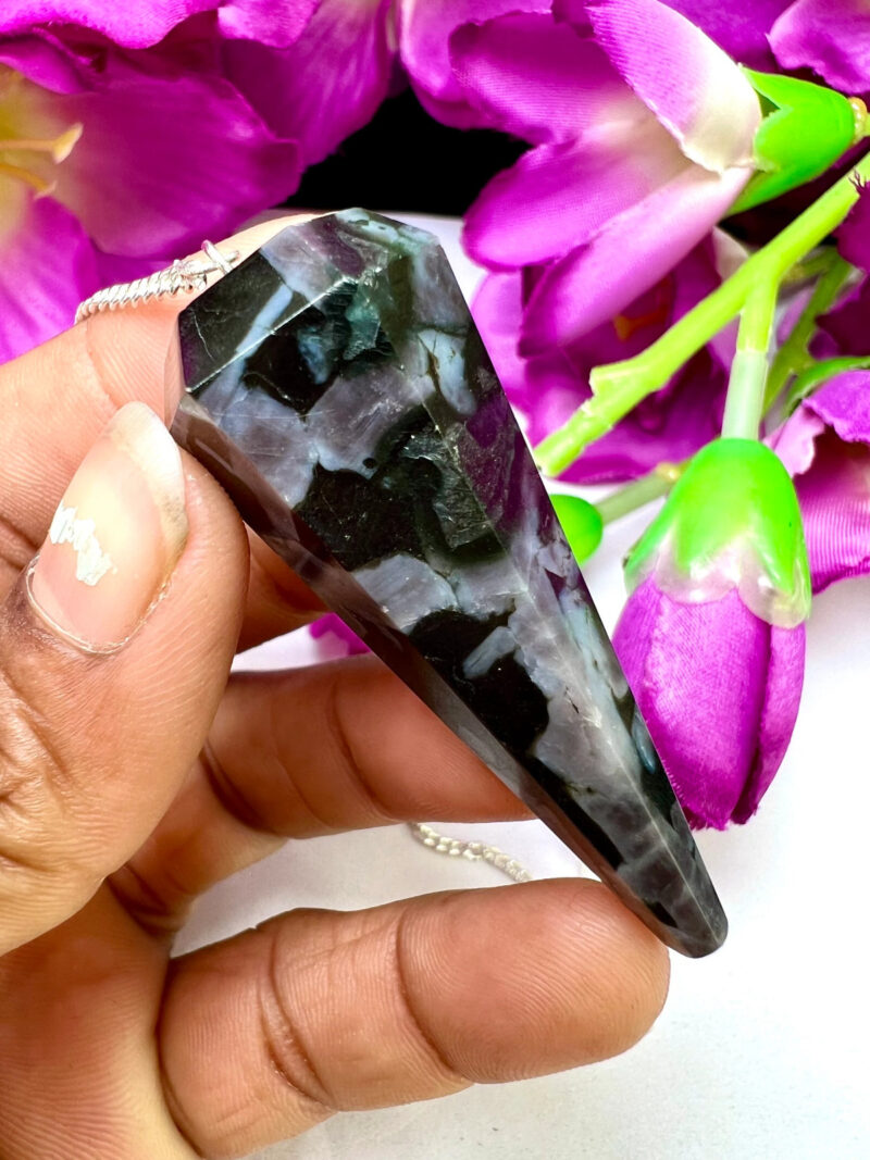 Mystic Merlinite Stone INDIGO GABBRO Stone Faceted Cone Pendulum Gemstone Dowsing Pendulum Chain Attached Reiki Crystal Healing - Image 5