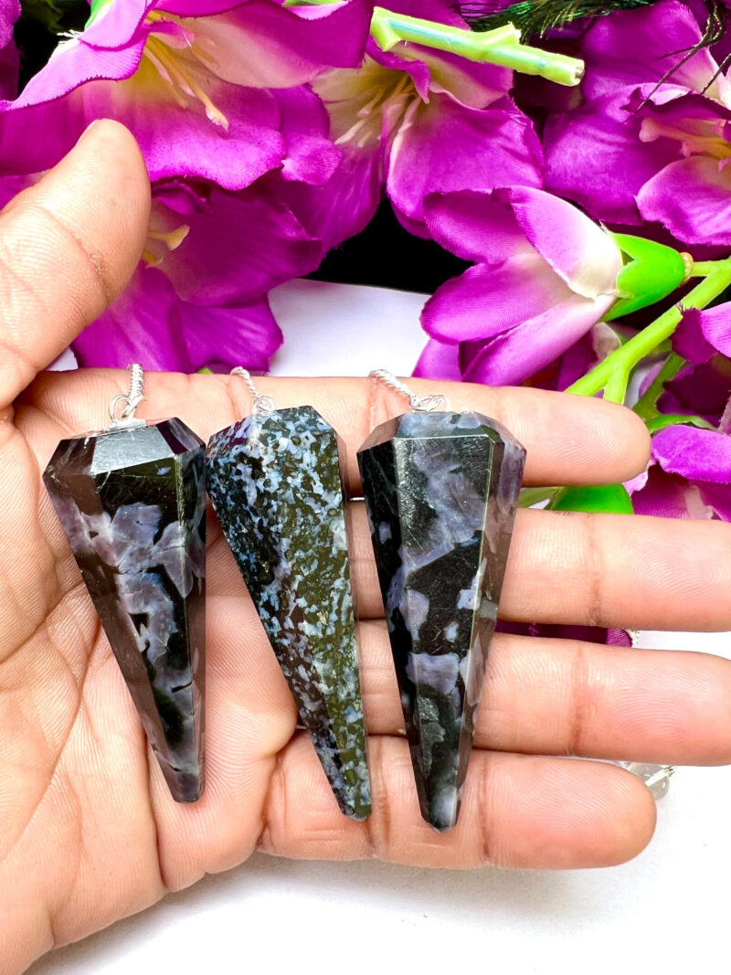 Mystic Merlinite Stone INDIGO GABBRO Stone Faceted Cone Pendulum Gemstone Dowsing Pendulum Chain Attached Reiki Crystal Healing - Image 7