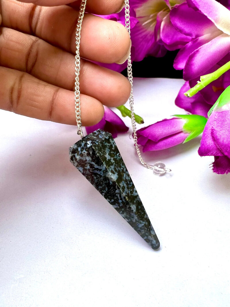 Mystic Merlinite Stone INDIGO GABBRO Stone Faceted Cone Pendulum Gemstone Dowsing Pendulum Chain Attached Reiki Crystal Healing - Image 8