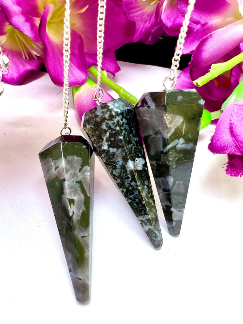 Mystic Merlinite Stone INDIGO GABBRO Stone Faceted Cone Pendulum Gemstone Dowsing Pendulum Chain Attached Reiki Crystal Healing - Image 9