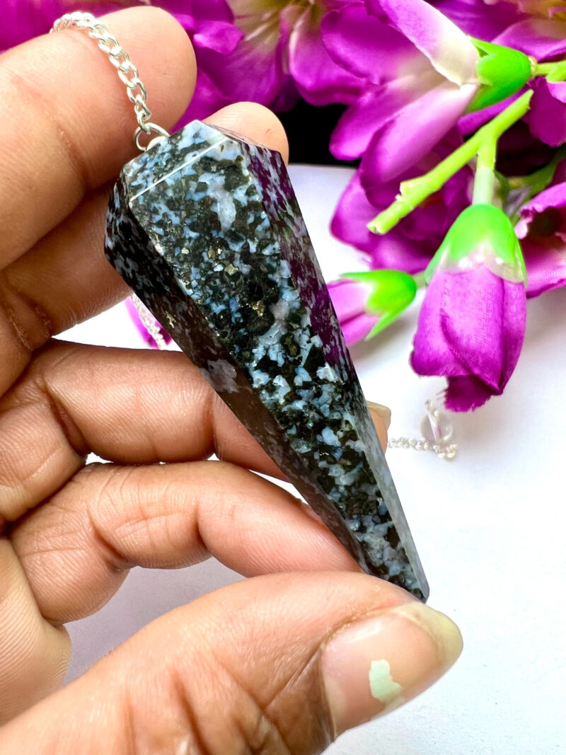 Mystic Merlinite Stone INDIGO GABBRO Stone Faceted Cone Pendulum Gemstone Dowsing Pendulum Chain Attached Reiki Crystal Healing - Image 10