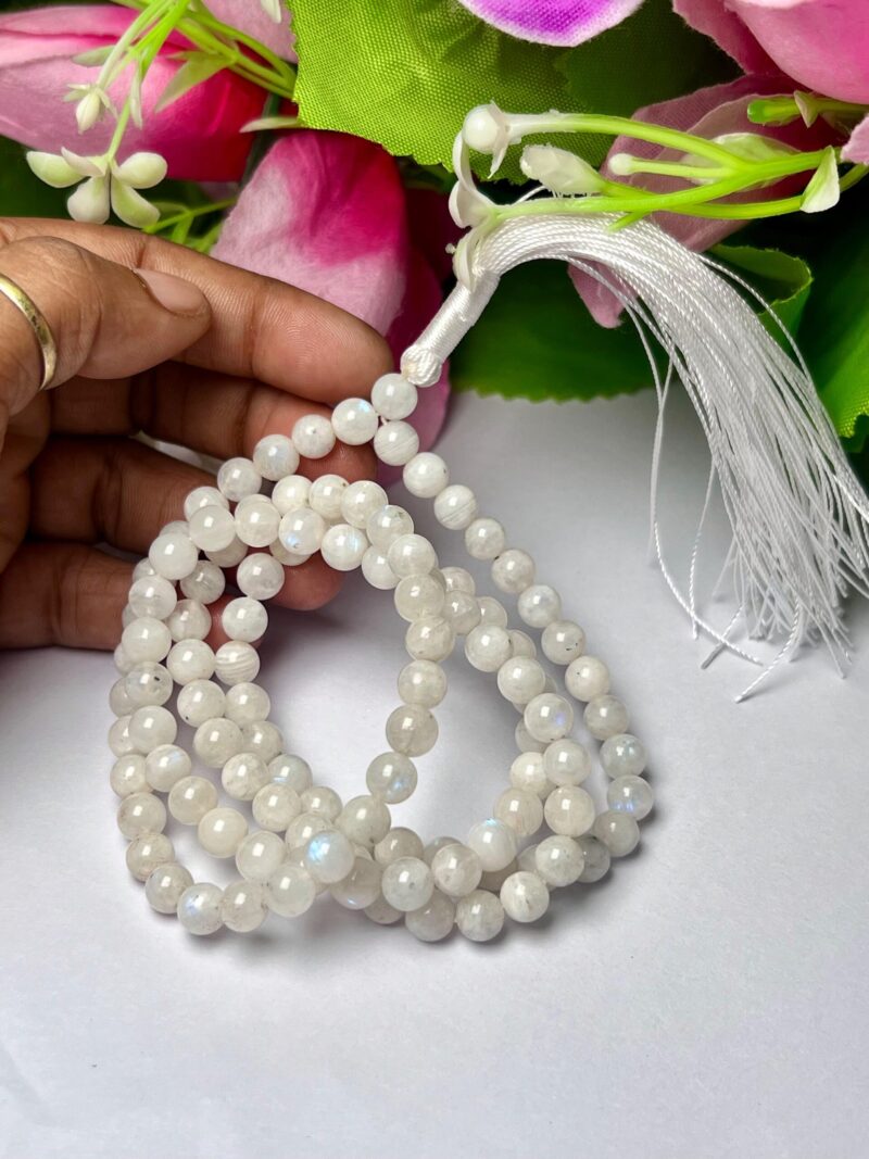White rainbow moonstone Gemstone (108+1) Round Beads 6 MM ,8 MM Japamala ,Prayer Divine Yoga Meditation Mala, Rosary Mala, Healing Mala, Necklace - Image 3