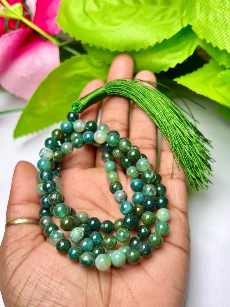 Moss Agate Gemstone (108+1) Round Beads 6 MM ,8 MM Japamala ,Prayer Divine Yoga Meditation Mala, Rosary Mala, Healing Mala, Necklace - Image 3
