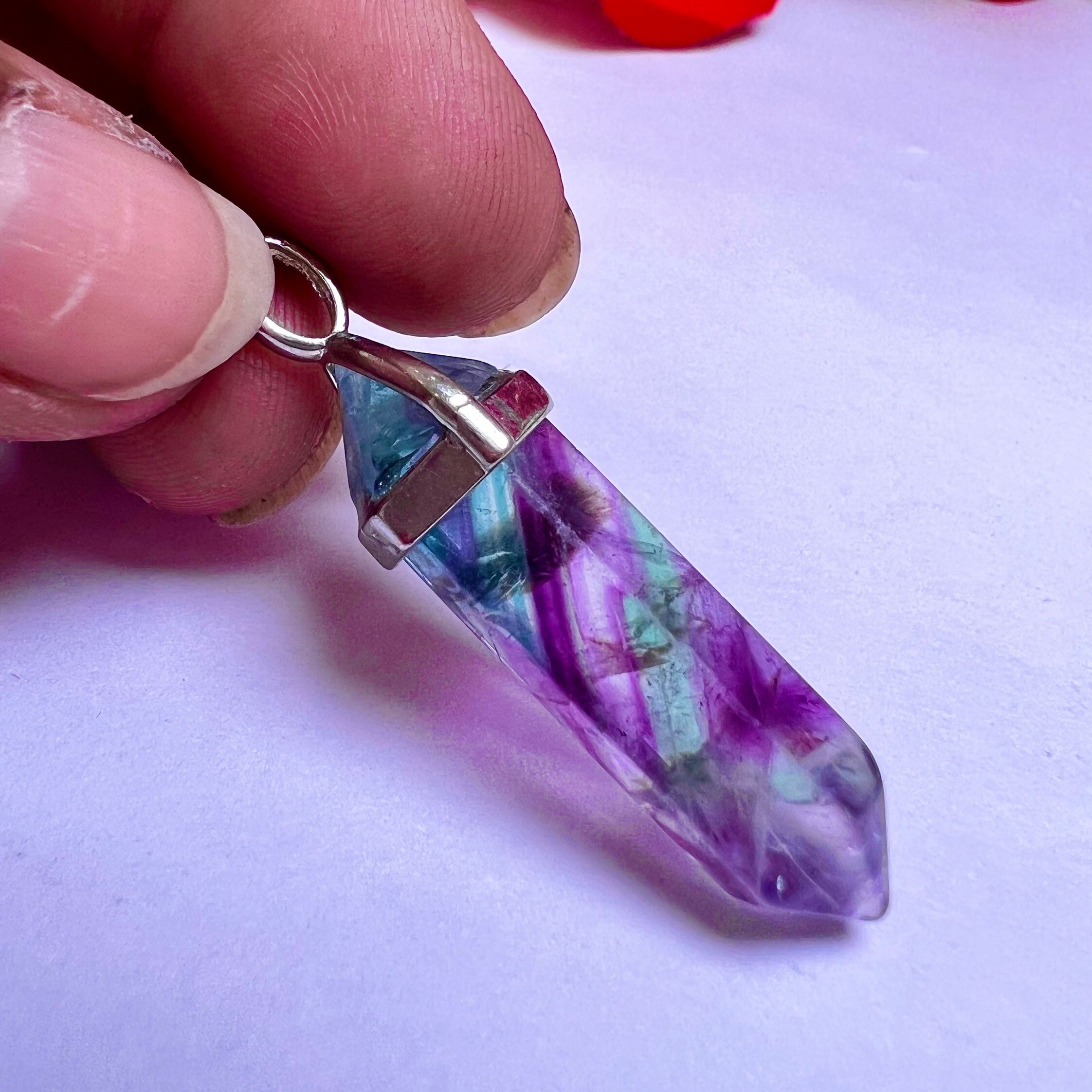 Rainbow Fluorite Stone Healing Double Terminated Point Pendant With Silver Plated Bail Natural stone Pencil Point Pendant