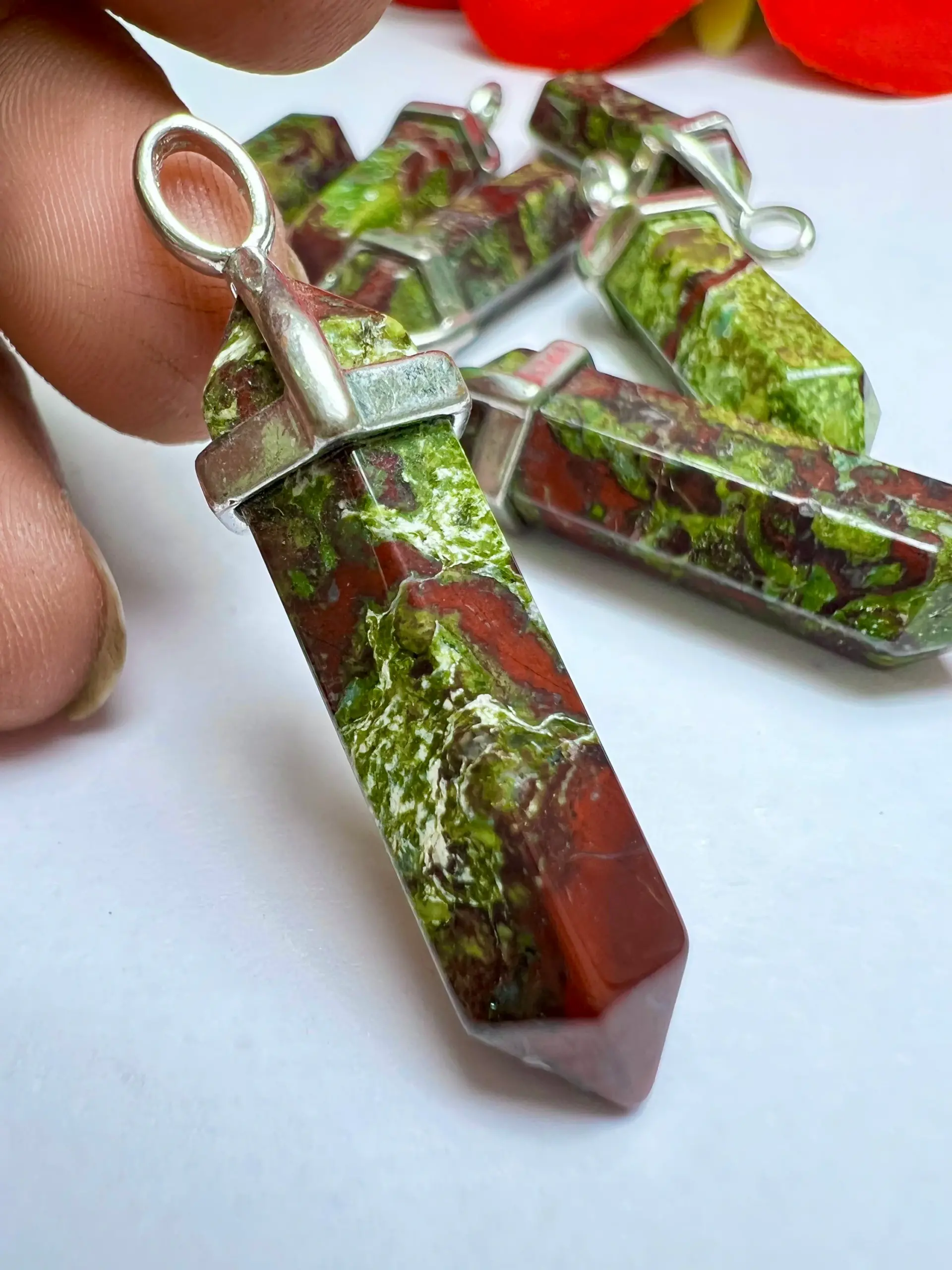 Dragon Bloodstone Stone Healing Double Terminated Point Pendant With Silver Plated Bail Natural stone Pencil Point Pendant