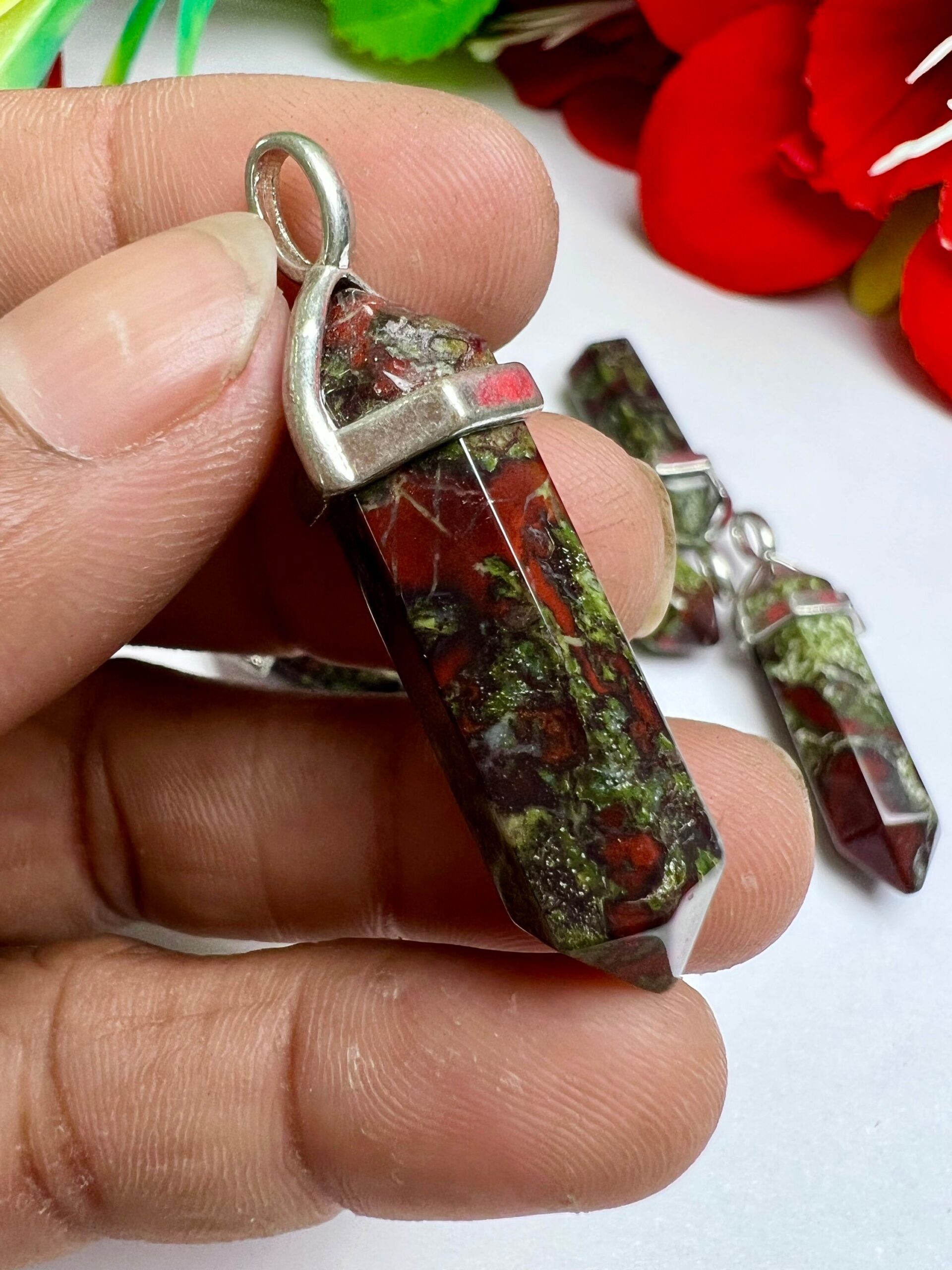 Dragon Bloodstone Stone Healing Double Terminated Point Pendant With Silver Plated Bail Natural stone Pencil Point Pendant - Image 7