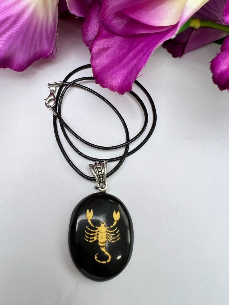 Scorpio Zodiac Sign Engraved On Black Black Tourmaline Stone Pendant With Black Cord Gift For All - Image 2