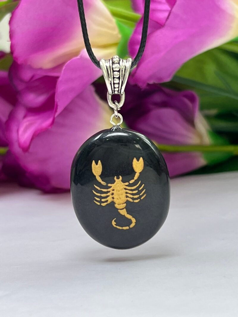 Scorpio Zodiac Sign Engraved On Black Black Tourmaline Stone Pendant With Black Cord Gift For All - Image 3