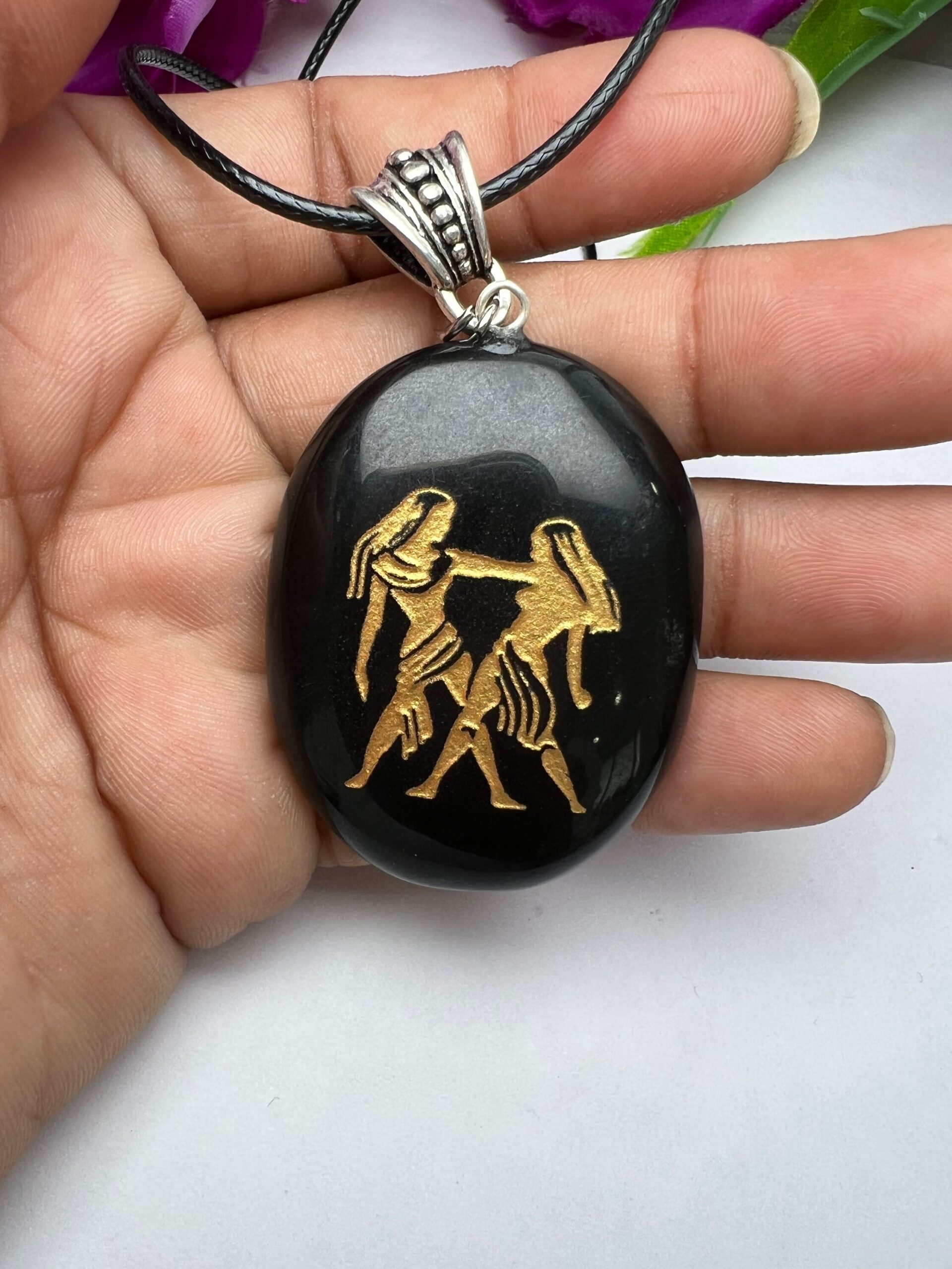 Gemini Zodiac Sign Engraved On Black Black Tourmaline Stone Pendant With Black Cord Gift For All