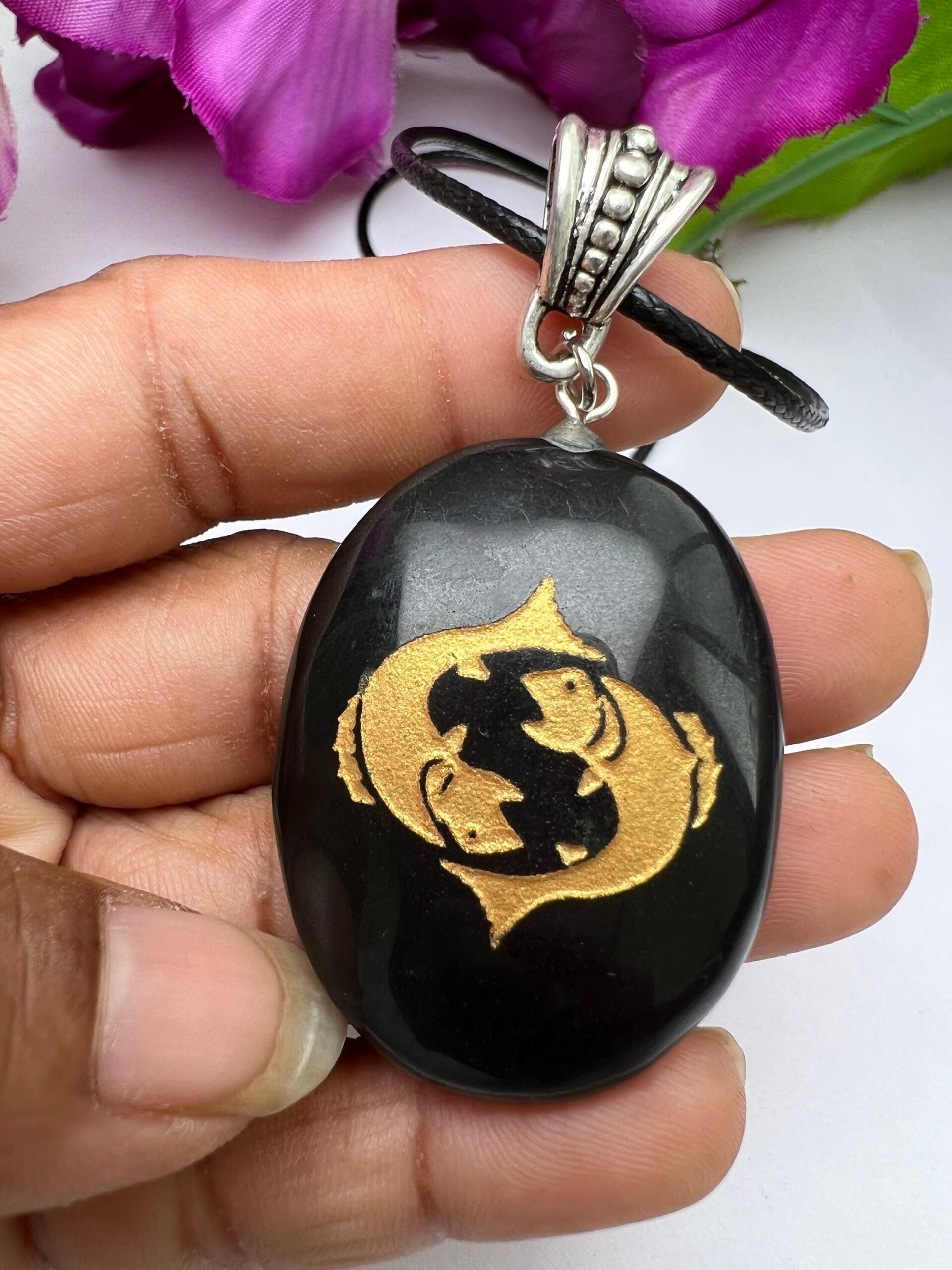 Pisces Zodiac Sign Engraved On Black Black Tourmaline Stone Pendant With Black Cord Gift For All
