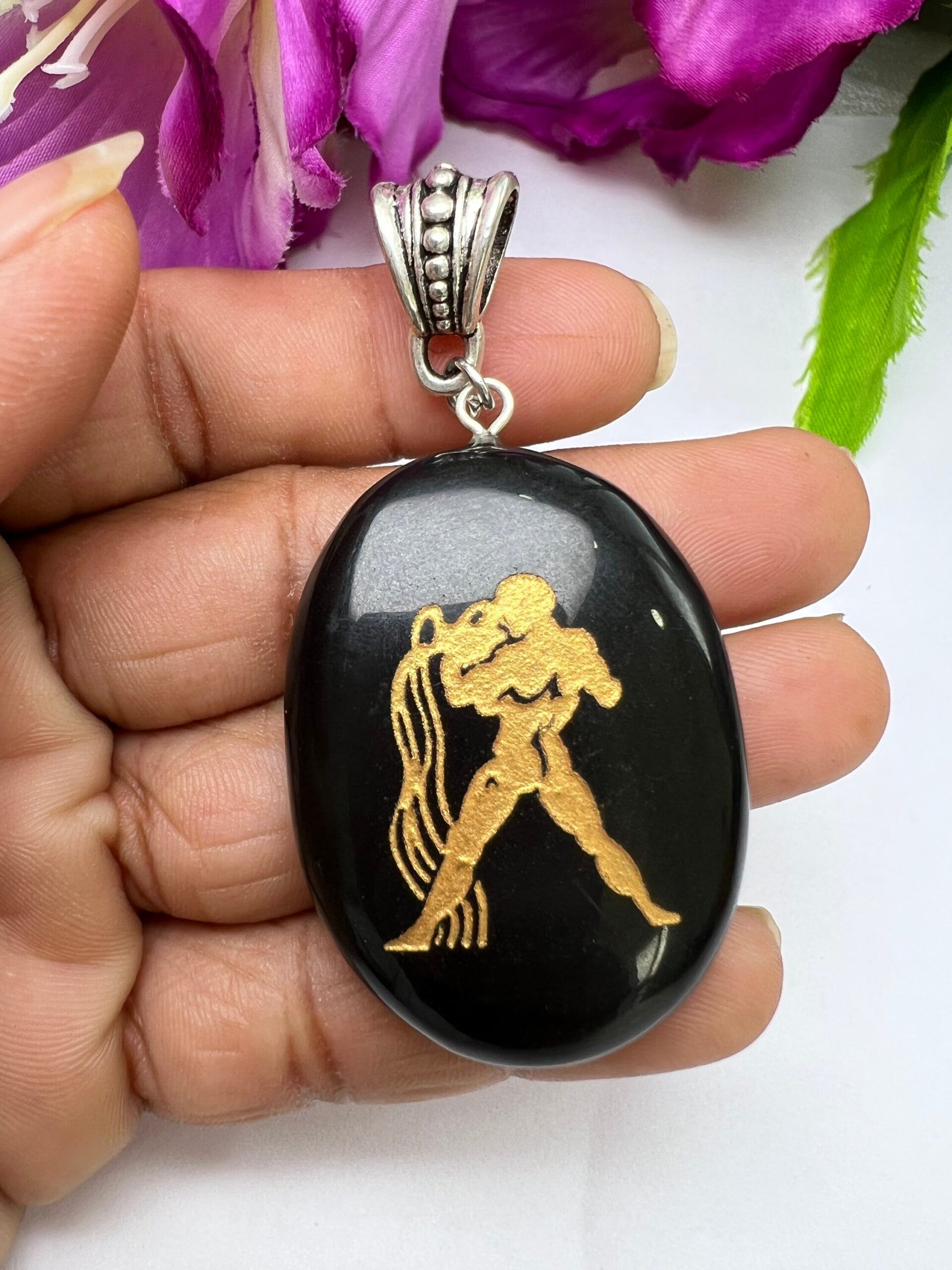 Aquarius Zodiac Sign Engraved On Black Black Tourmaline Stone Pendant With Black Cord Gift For All