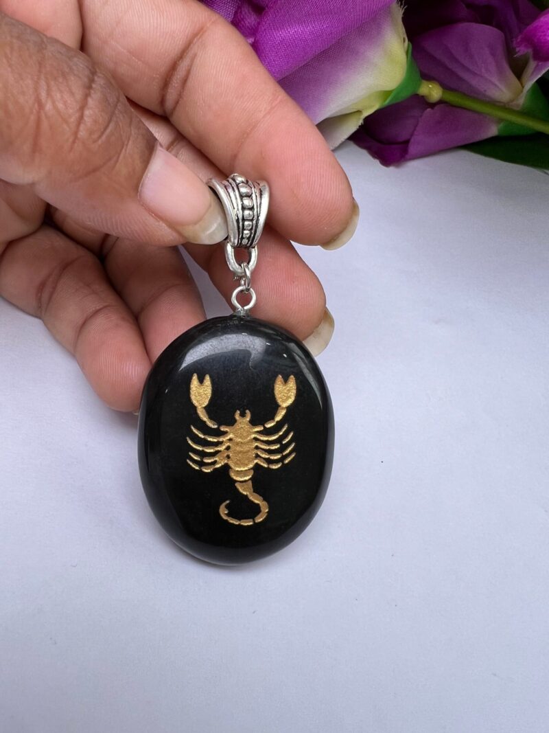 Scorpio Zodiac Sign Engraved On Black Black Tourmaline Stone Pendant With Black Cord Gift For All - Image 9