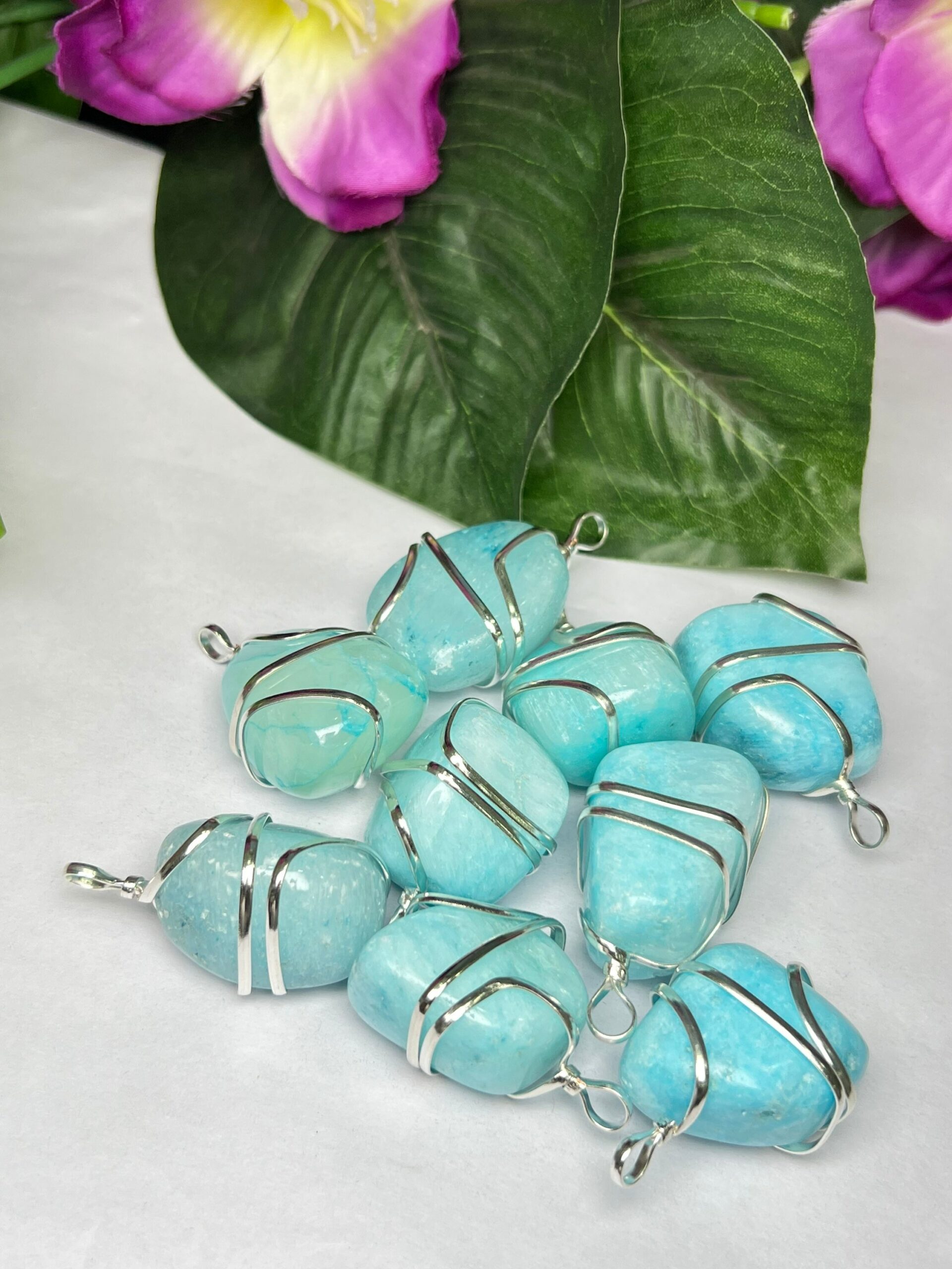 Wire Wrapped Blue Aragonite Tumbled Stone Pendant Crystal Pendant, Tumbled Stone Necklace - Image 2
