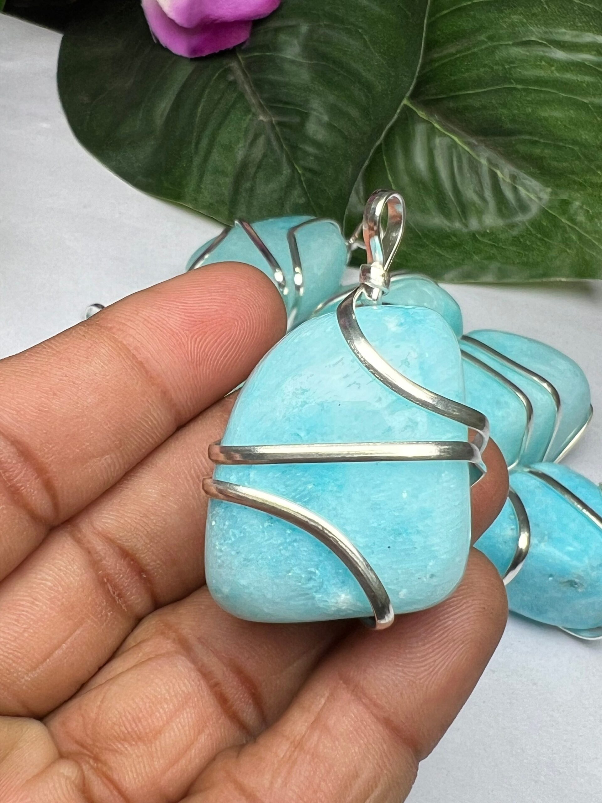 Wire Wrapped Blue Aragonite Tumbled Stone Pendant Crystal Pendant, Tumbled Stone Necklace - Image 3
