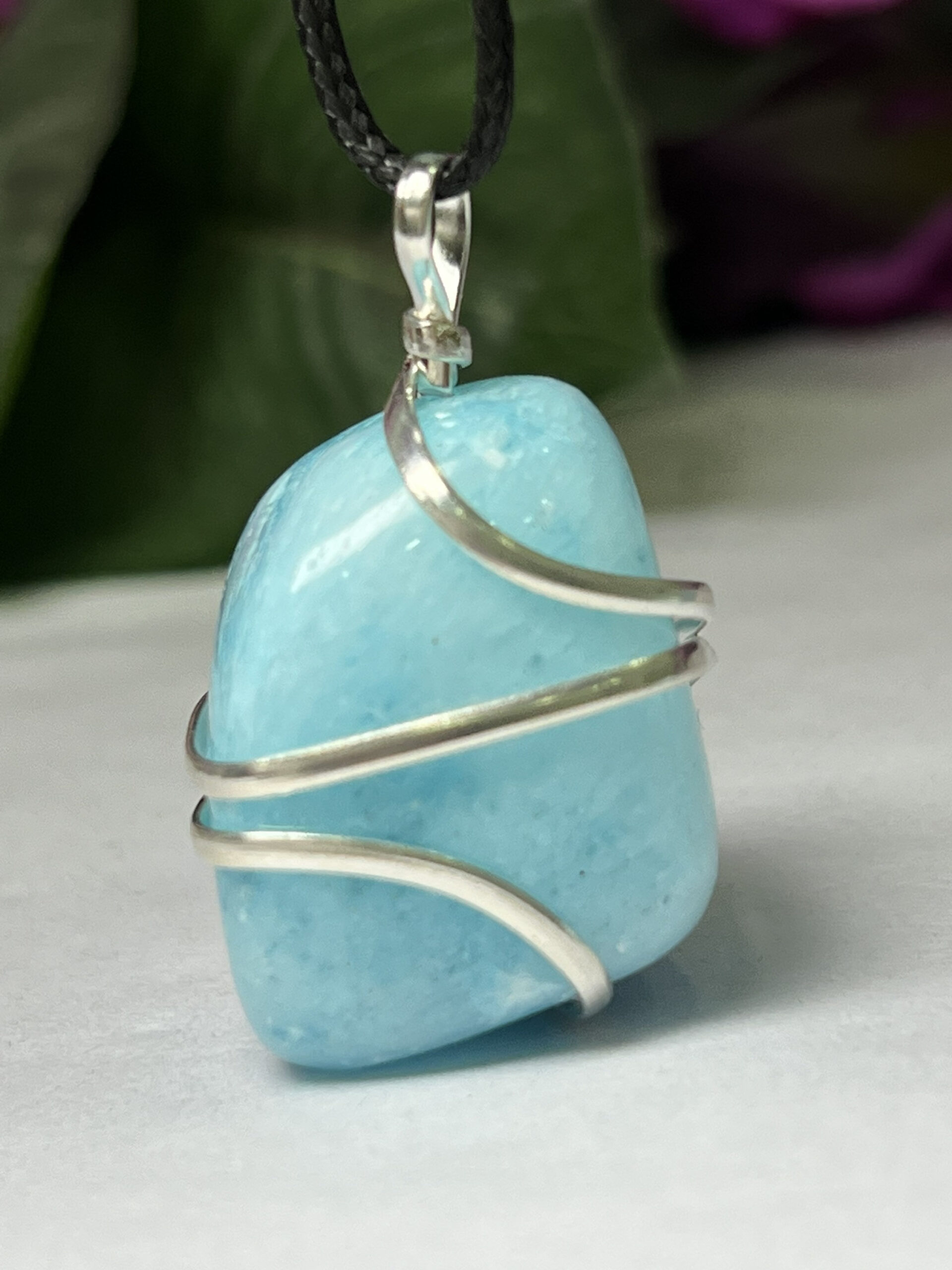 Wire Wrapped Blue Aragonite Tumbled Stone Pendant Crystal Pendant, Tumbled Stone Necklace - Image 4