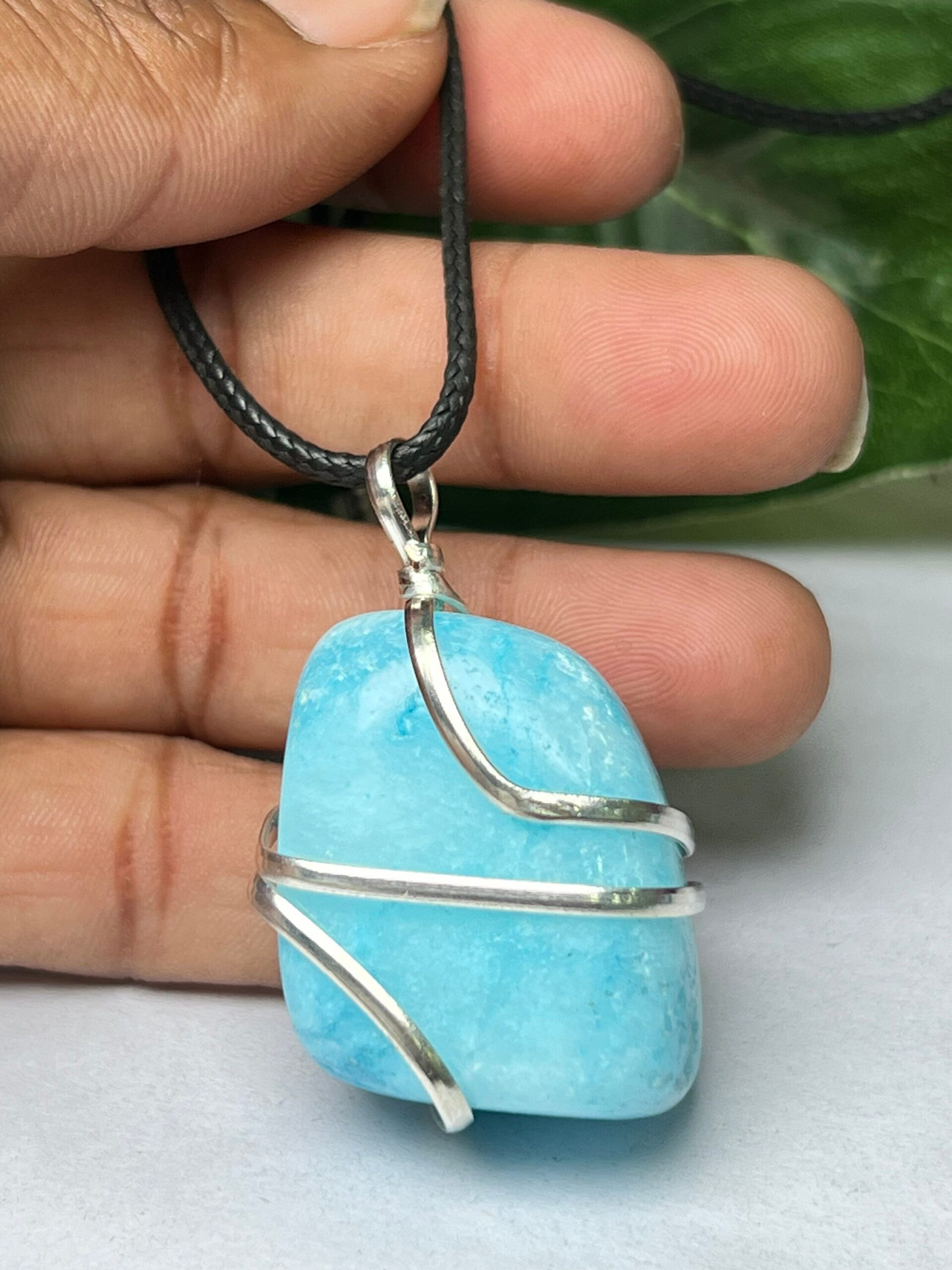 Wire Wrapped Blue Aragonite Tumbled Stone Pendant Crystal Pendant, Tumbled Stone Necklace - Image 5