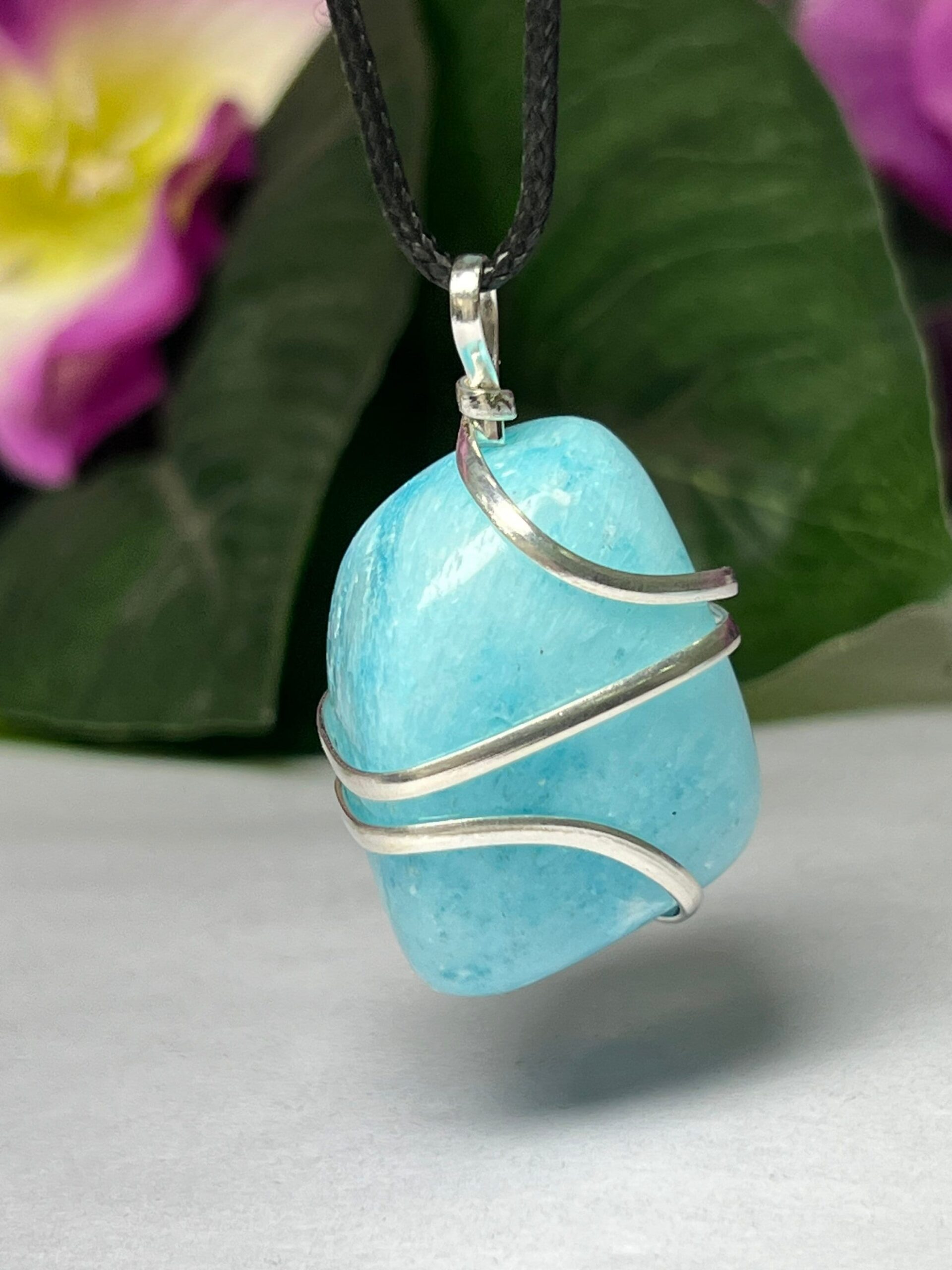 Wire Wrapped Blue Aragonite Tumbled Stone Pendant Crystal Pendant, Tumbled Stone Necklace