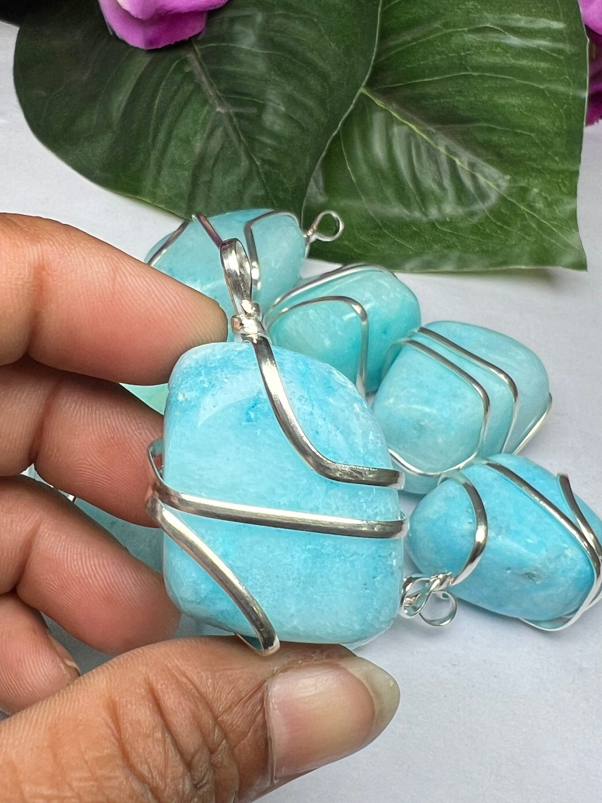 Wire Wrapped Blue Aragonite Tumbled Stone Pendant Crystal Pendant, Tumbled Stone Necklace - Image 10