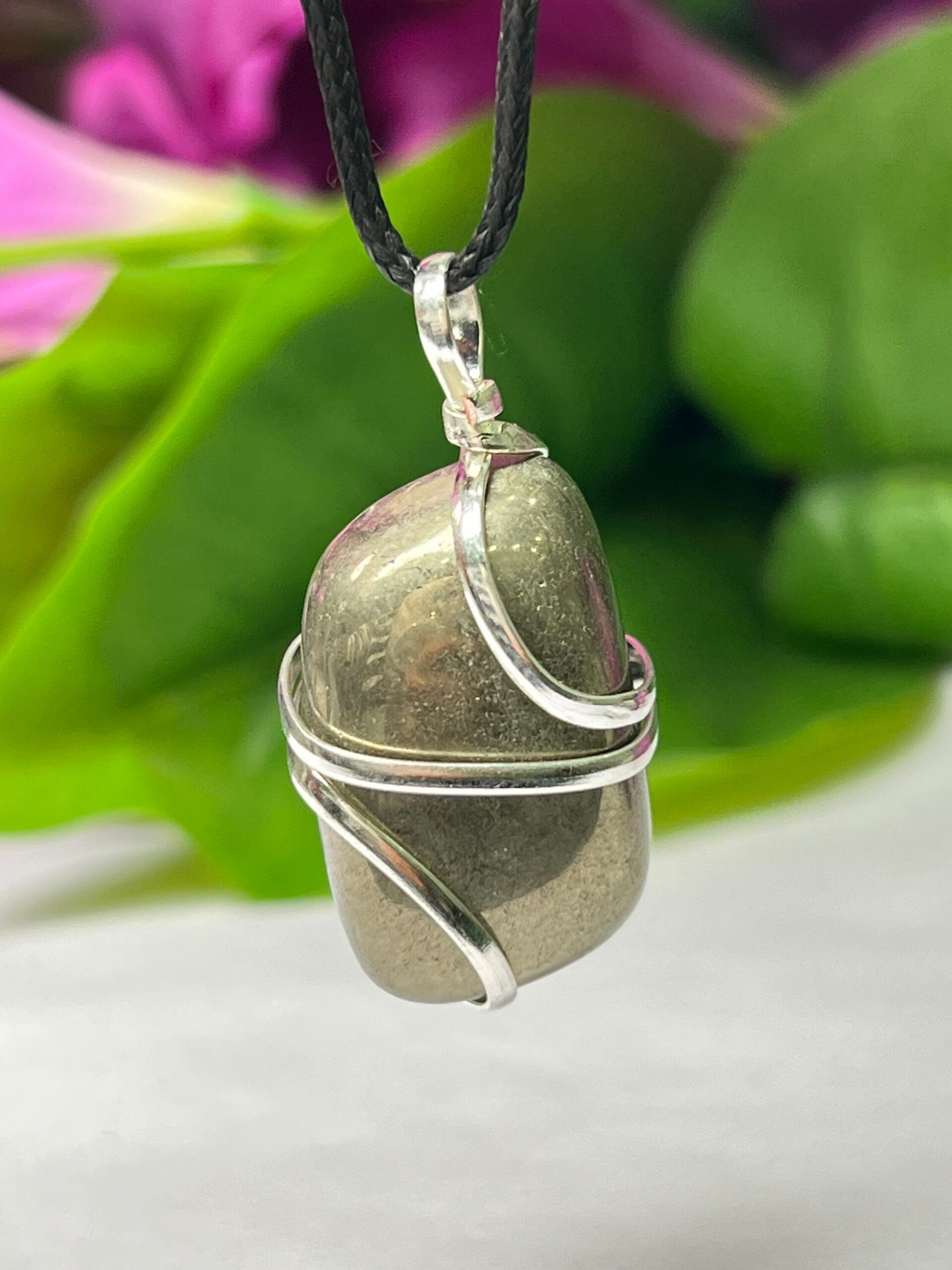 Wire Wrapped Golden Pyrite Tumbled Stone Pendant Crystal Pendant, Tumbled Stone Necklace
