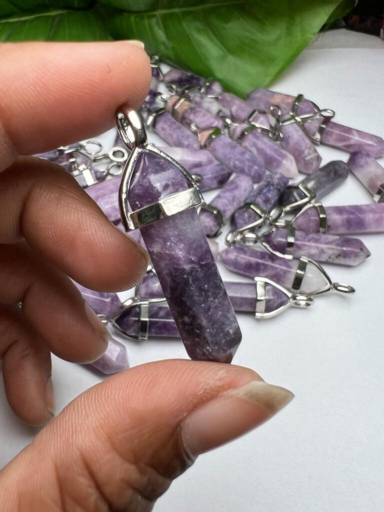 Lepidolite Stone Healing Double Terminated Point Pendant With Silver Plated Bail Natural stone Pencil Point Pendant - Image 4