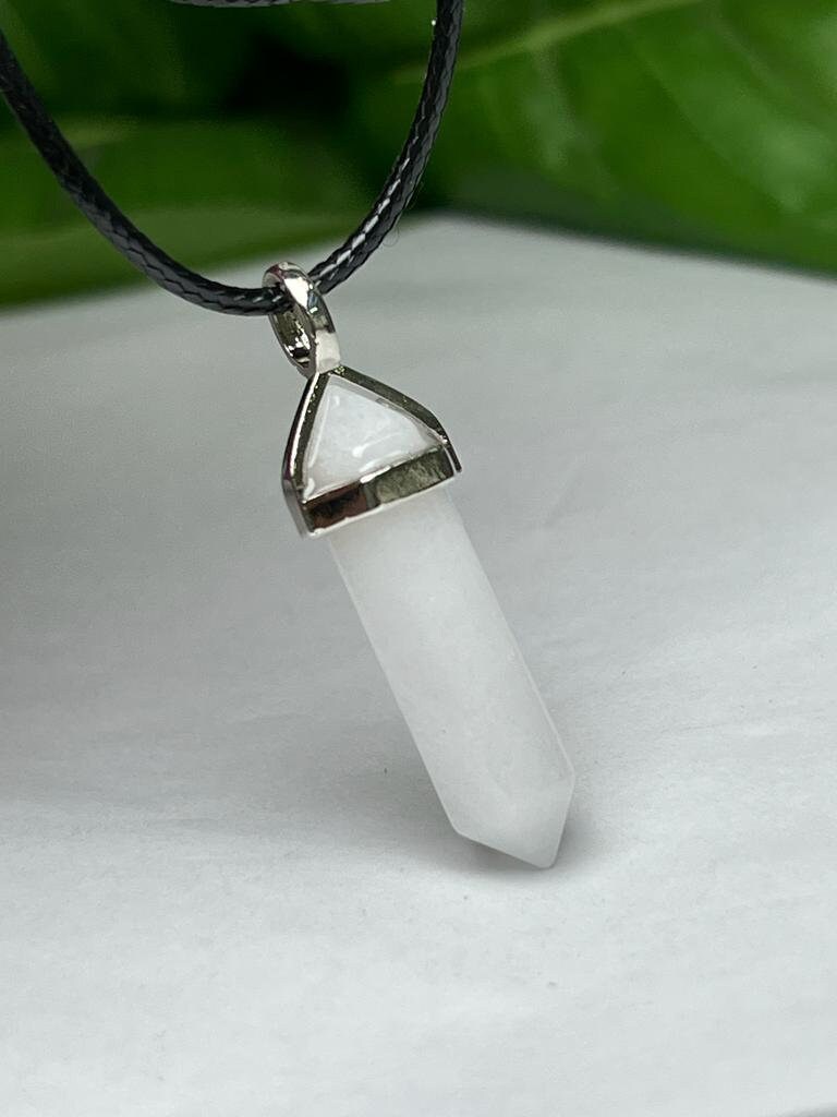 White  Stone Healing Double Terminated Point Pendant With Silver Plated Bail Natural stone Pencil Point Pendant