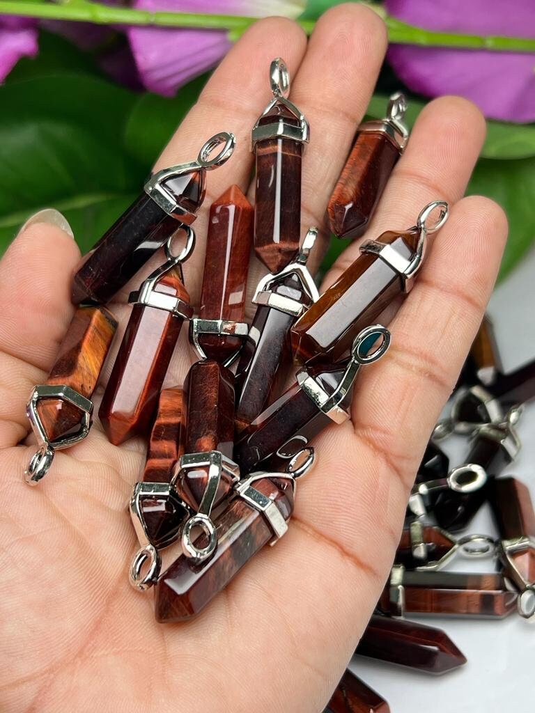 Red Tiger Eye Stone Healing Double Terminated Point Pendant With Silver Plated Bail Natural stone Pencil Point Pendant - Image 3